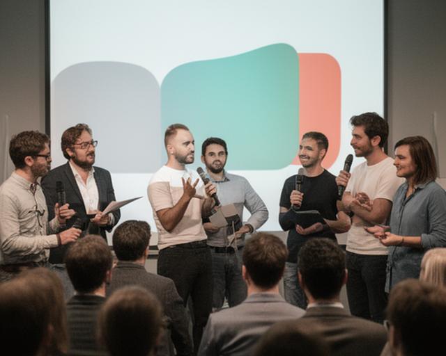 Team members speaking at a small tech council gathering with presentation screens behind them