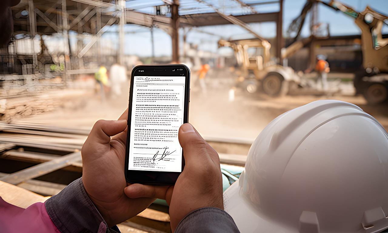 Construction manager reviewing a signed agreement on a phone beside a hard hat at a busy job site