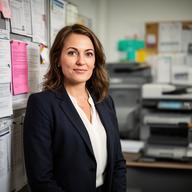 Confident HR director standing beside a manufacturing office bulletin board
