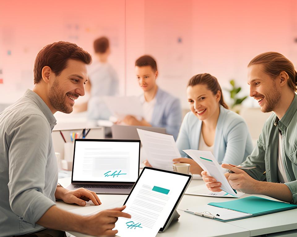 A friendly support team reviewing documents together in a modern office with warm lighting and paperless workflow screens