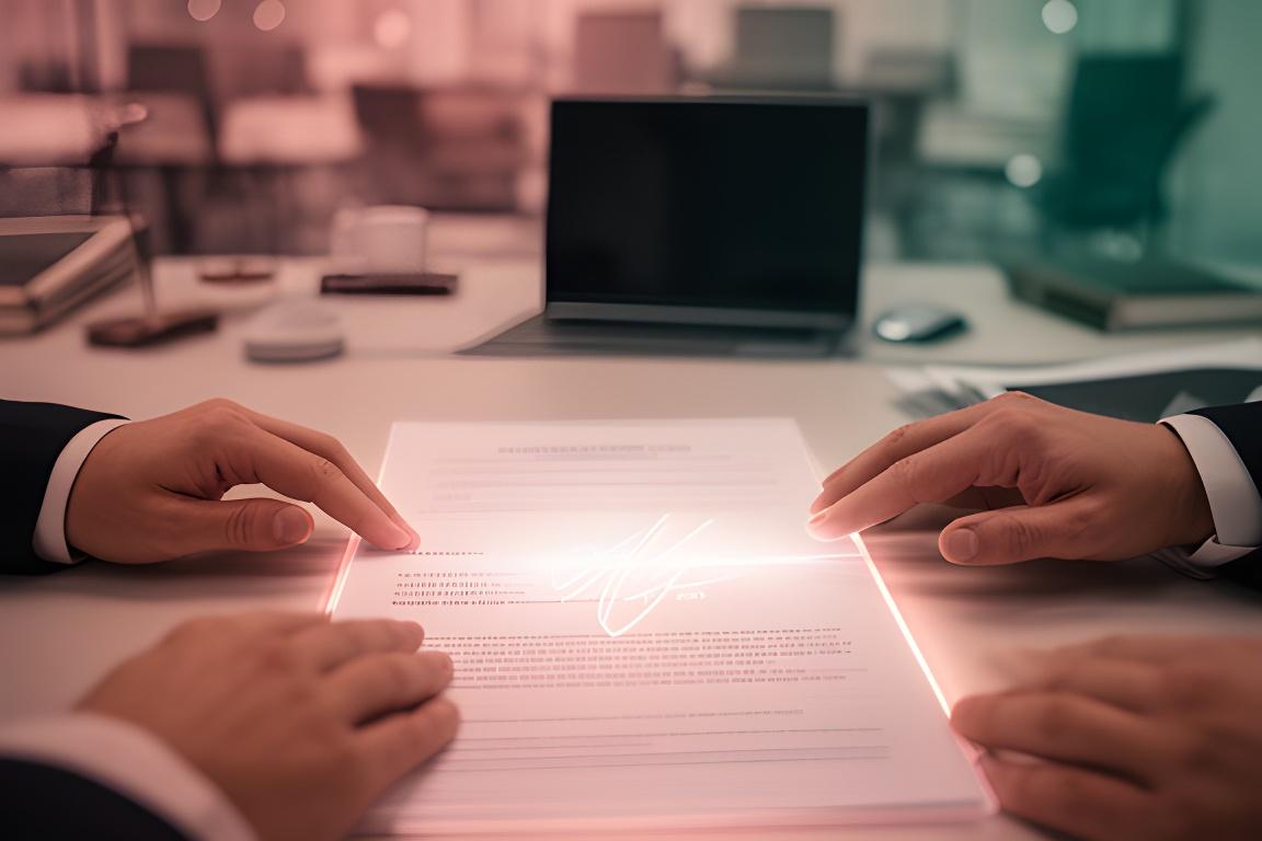 Attorney reviewing a glowing contract signature line on a desk in a modern office
