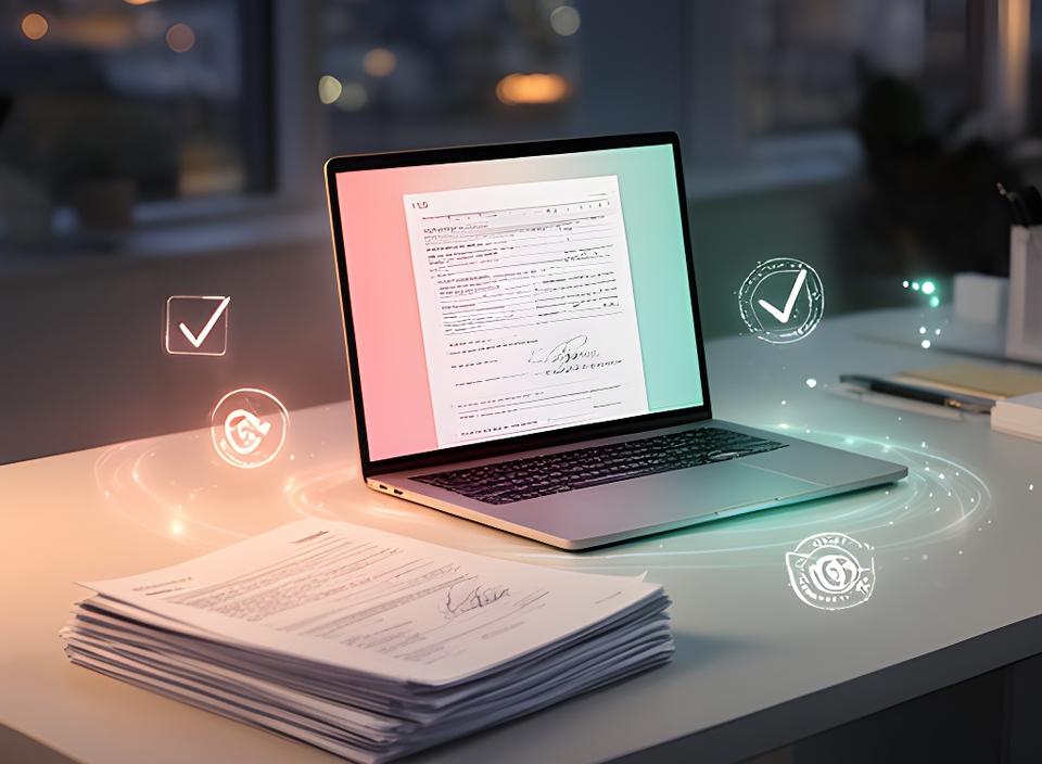 A secure document review workspace with a laptop, signed forms, and warm evening light in a modern office