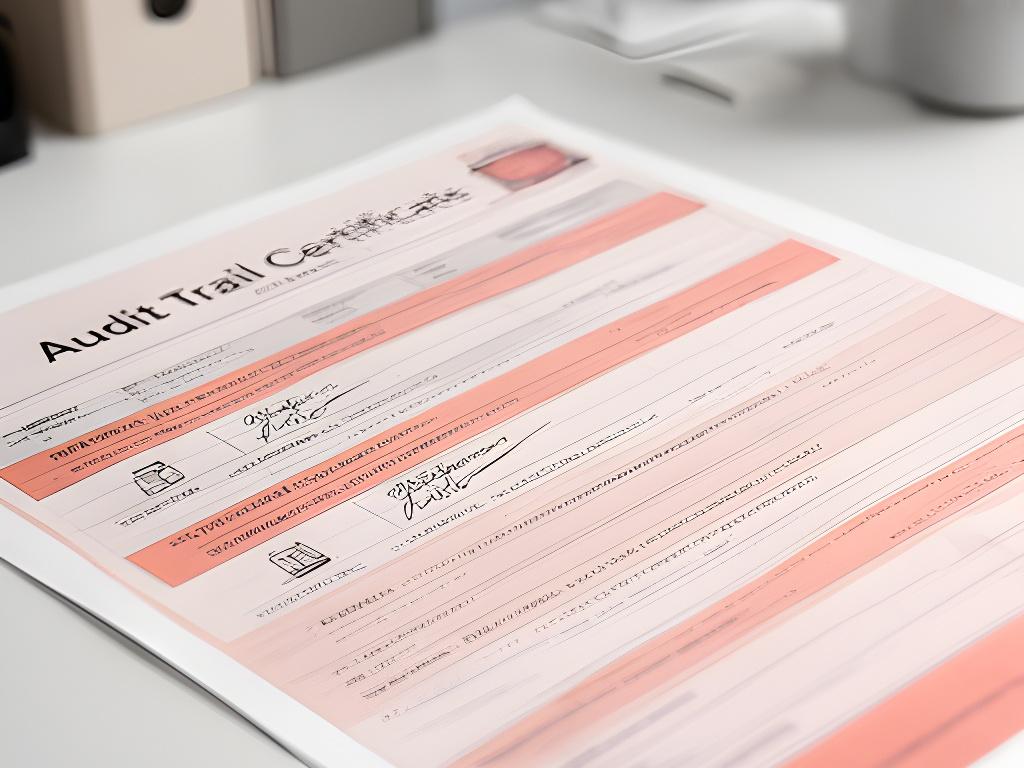 Audit trail certificate displayed on a desk with timestamped signature events and controlled access notes