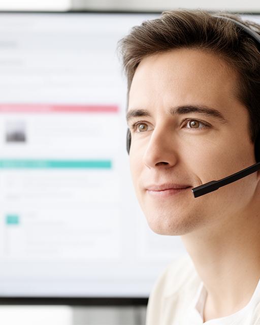 Client success manager in a bright workspace speaking on a headset near a document dashboard