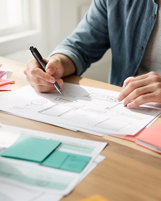 Product designer at a desk sketching interface ideas with colourful workflow notes