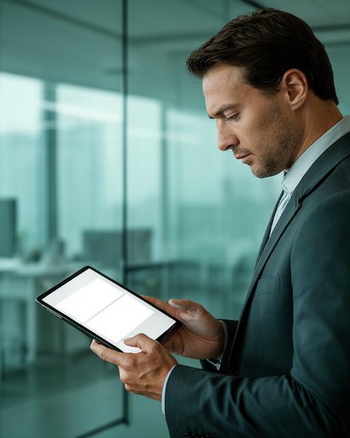 Male security specialist reviewing a tablet beside a glass wall and calm office lighting